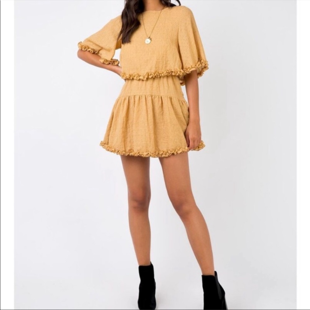 Princess Polly Astro Mini Ruffle Dress Mustard Yellow Size 6